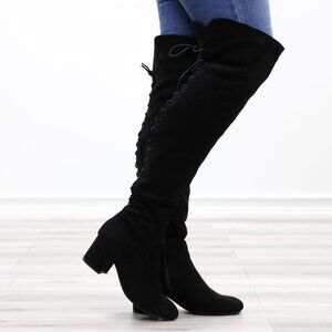 Low Heel Thigh High Boots Faux Suede Back Womens Lace Up Black Above The Knee